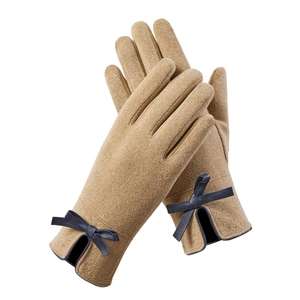 Gants thermiques femme marron avec nœud bleu pour l'hiver et l'usage d'écrans tactiles