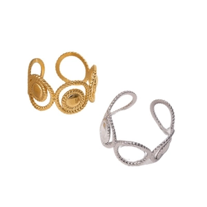 Set of gold and silver twisted rope open rings in minimalist stainless steel