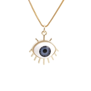 Gold evil eye pendant necklace with blue and white enamel and a sparkling gold chain