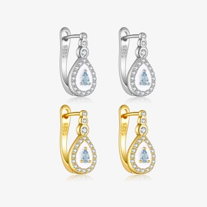 925 Sterling Silver Water Drop Earrings For Women Light Blue Stone Rhinestone Inlaid Enamel Huggie Hoop Earrings Jewelry