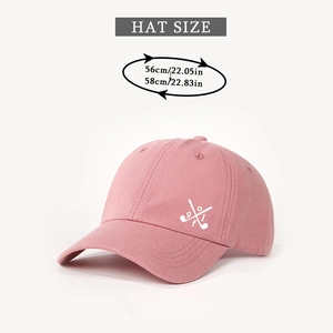 Pink cotton baseball cap with white golf clubs embroidery and size measurement guide