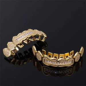 Hip hop gold plated iced out teeth grills set with sparkling baguette and round rhinestones