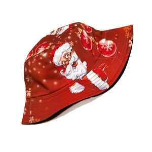 Close-up of Santa Claus and snowflake prints on a red foldable polyester bucket hat