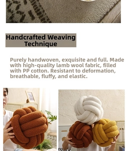 Close-up of hand-woven lamb wool fabric texture and soft PP cotton filling of the knot pillow