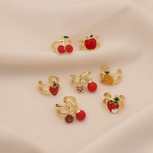 Fruit Ear Cuffs Copper Enamel Cherry Strawberry Apple Banana Non Pierced Earrings Women Sweet Cute Fashion Jewelry