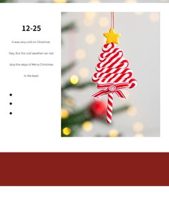 Detail of red and white striped Christmas candy ornament hanging on a festive tree branch
