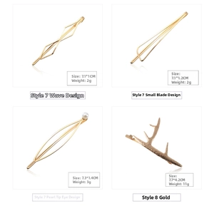 Detail of four creative gold alloy hair clips featuring geometric and antler designs