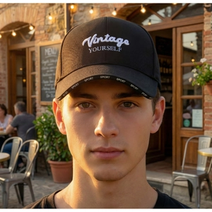 Close-up of black baseball cap with Vintage YOURSELF embroidery and SPORT brim detail
