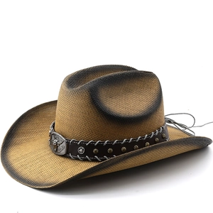 Chapeau De Cowboy Occidental Vintage Paille De Papier Tissée Boucle Tête De Taureau Ceinture Cuir Large Bord Respirant