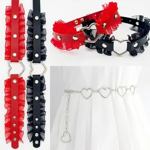 Lace heart choker with leather belt and silver hollow heart chain accessory set