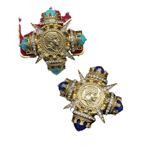 Vintage gold medal brooches with turquoise and lapis gemstones and Napoleon relief
