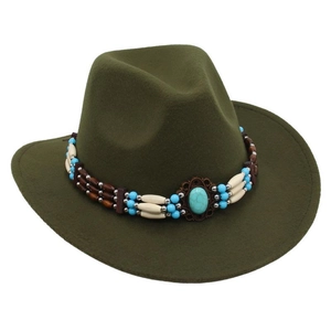 Detail of army green felt cowboy hat with ethnic turquoise beads and bronze stone inlay