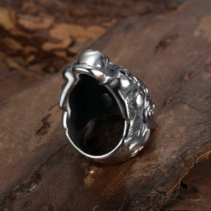 Gothic hollow skull ring in antique silver finish with punk style 3D relief engraving