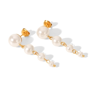 Elegant gold stainless steel earrings with five white gradient pearls on white background
