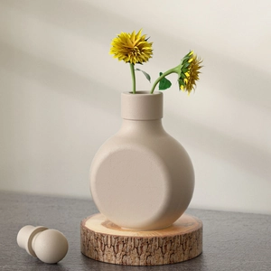 Minimalist beige matte ceramic flower vase with sunflowers on a wooden base