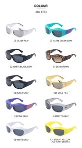 Multiple color variants of sporty Y2K cycling sunglasses model JSD-8773 in a grid display