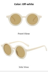 Front and side views of off-white round frame kids sunglasses with UV protection