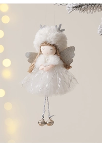 Detail of Christmas angel ornament with plush hat, silver antlers and lace sequin dress