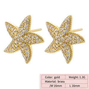 Starfish zircon stud earrings in gold plated brass with white cubic zirconia stones