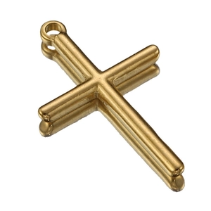 Polished gold stainless steel cross pendant for necklaces with top ring on white background