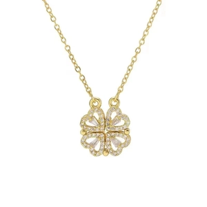 Luxury gold titanium steel clover necklace with crystal heart magnetic folding pendant
