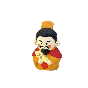 Handcrafted wooden Caishen figurine with yellow robe for traditional desktop decoration