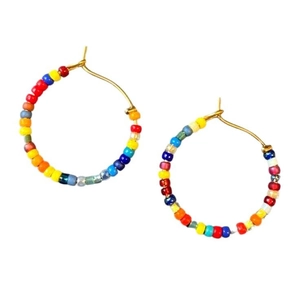 Bohemian colorful beaded hoop earrings for women with vibrant multi-color beads and gold hooks