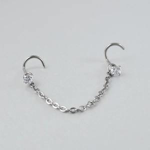 G23 titanium nose chain with round zircon stones in polished silver metal finish
