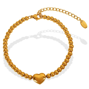 Bracelet à billes en acier inoxydable plaqué or 18 carats avec pendentif cœur épuré