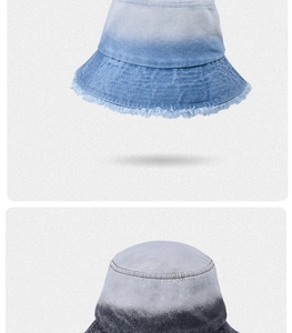Dettaglio dei cappelli alla pescatora in denim sfumato con bordi sfilacciati