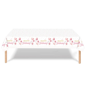 Detail of disposable Happy Birthday tablecloth with pink balloons and confetti patterns