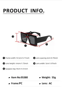 Size chart for square frame sunglasses with 14.5cm frame width and PC material specs