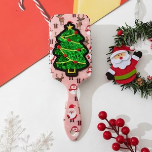 Pink Christmas hairbrush with green sequin tree embroidery and holiday pattern