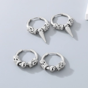 Mens silver cone hoop earrings with hip hop punk style and geometric patterned beads