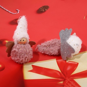 Plush Christmas angel ornaments in pink and white with glitter wings for tree decoration