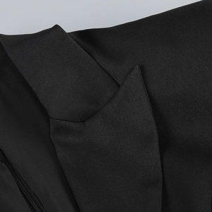 Detail shot of the V-neck lapel and smooth zipper on this black slim-fit lace bodysuit