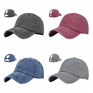 Distressed ponytail baseball cap set in black, wine, navy and gray colors