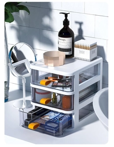 Detail view of white desktop organizer featuring three transparent plastic drawers with yellow tabs