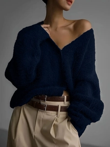 Women's dark blue faux mink cardigan with soft knit long sleeves and relaxed fit
