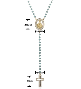 Religious 18K gold plated virgin mary necklace with light blue stones and crystal cross