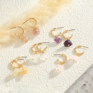 Elegant Gold Plated Alloy Natural Stone Hoop Earrings For Women Geometric Irregular Irregular Color Stone Pendant Drop Earrings Jewelry Gift