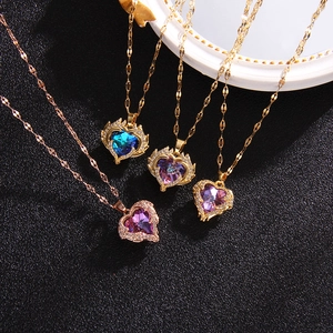 Minimalist heart necklaces with angel wings in various colorful crystal pendant styles