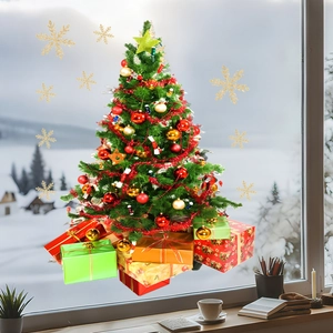 Close-up of green Christmas tree static stickers with gift boxes and golden snowflakes