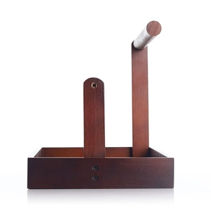 Wooden bracelet display stand with storage base and dual arms in dark walnut finish