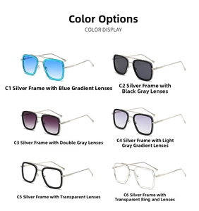 Detailed catalog of square metal frame sunglasses with double bridge in six colors
