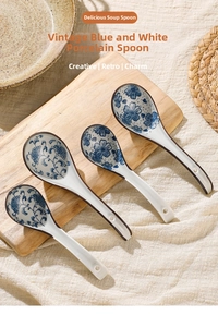 Set of 4 Japanese style long handle ceramic soup spoons with blue floral patterns