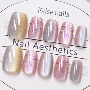 Faux Ongles Cat Eye Courts Carrés Ronds Dégradés Scintillants Violet Jaune Avec Colle Réutilisables Nail Art