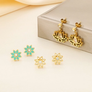 Parure de boucles d'oreilles lotus vintage en acier inoxydable avec fleurs vert menthe