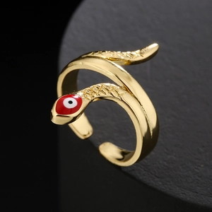 Adjustable snake-shaped 18K gold plated ring with red enamel evil eye design