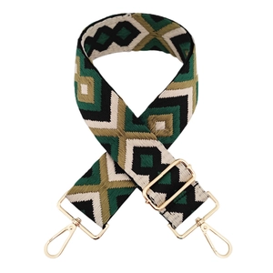Detail of 5cm wide geometric jacquard strap with gold metal buckle and lobster clasp